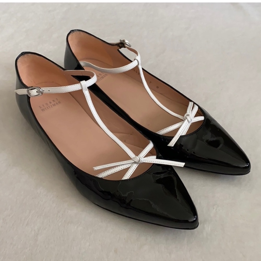 Stuart Weitzman | Teaseme Patent Leather Ballet Flats TStrap Bow Black/White 7.5